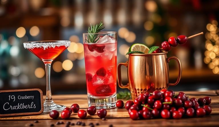 Three festive cranberry cocktails—a Cosmopolitan, a sparkling gin fizz, and a Moscow mule—arranged o