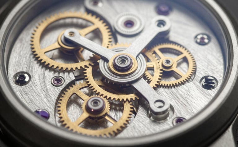 Macro photography of the intricate gears and internal components of a luxury mechanical watch, focus on the gold-toned balance wheel, North American / US studio lighting.