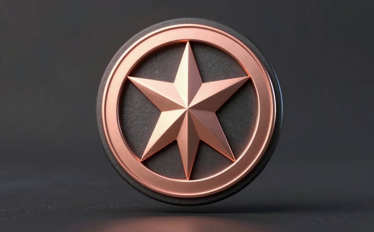 A sleek 3D render of a military command emblem in rose-gold metal on a dark obsidian base. Elegant and authoritative composition. North American / US professional aesthetics.