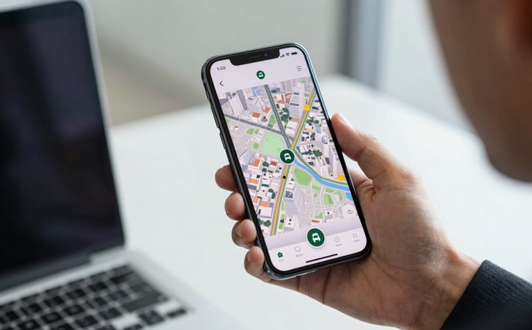 A person in a professional South American / Brazilian office setting holding a high-end smartphone. The screen displays a sophisticated tracking application with a map of a city like São Paulo, showing a vehicle icon. High-tech, clean interface, daylight lighting.