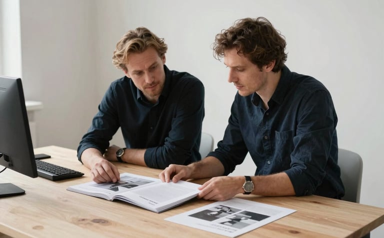 Behind-the-scenes photography of two professionals in a minimalist scandinavian office, reviewing book cover proofs on a light wood desk. The lighting is soft and natural.