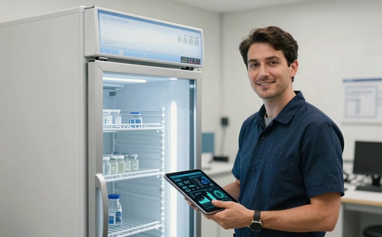 A professional portrait of a North American expert standing next to a sophisticated industrial refrigerator unit, holding a tablet with data visualizations in a clean, off-white workspace.