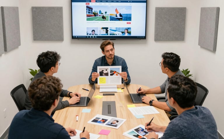 A professional meeting in a modern office where team members discuss influencer profiles and campaign plans.