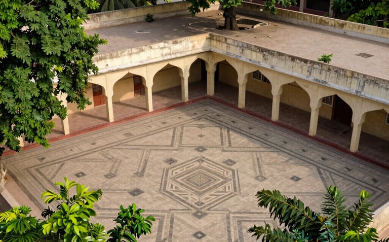 A high-angle shot of a traditional South Asian Pakistani school courtyard with geometric tile patterns and lush green trees, daytime photography.
