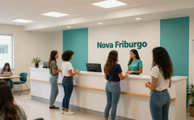 Interior of a modern language school in Nova Friburgo, featuring clean lines, a professional reception area, and South American staff welcoming students, off-white and teal decor.