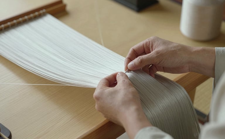 A photograph focusing on the hands of a Japanese artisan carefully weaving silk threads in a minimalist, sun-drenched Kyoto studio. The scene is calm and elegant. Colors include soft silver sage and warm cream.