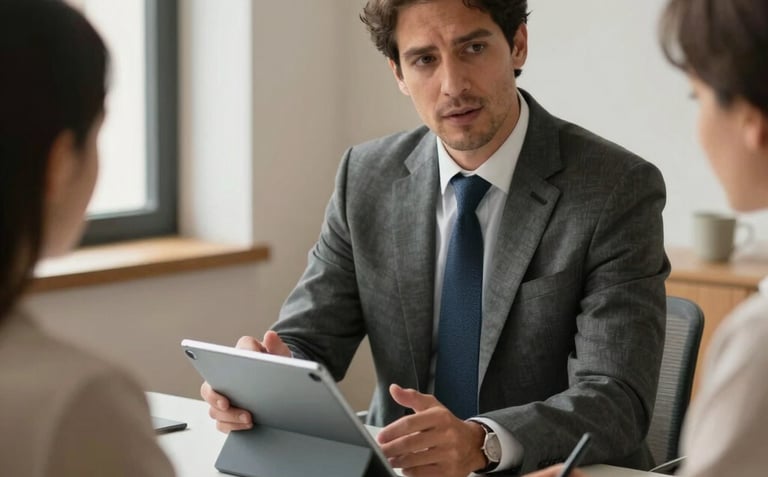 A professional mortgage broker in a tailored suit sitting in a light-filled office in Spain, gesturing towards a digital tablet while conversing with clients. Soft natural light, elegant Southern European / Spanish interior design.