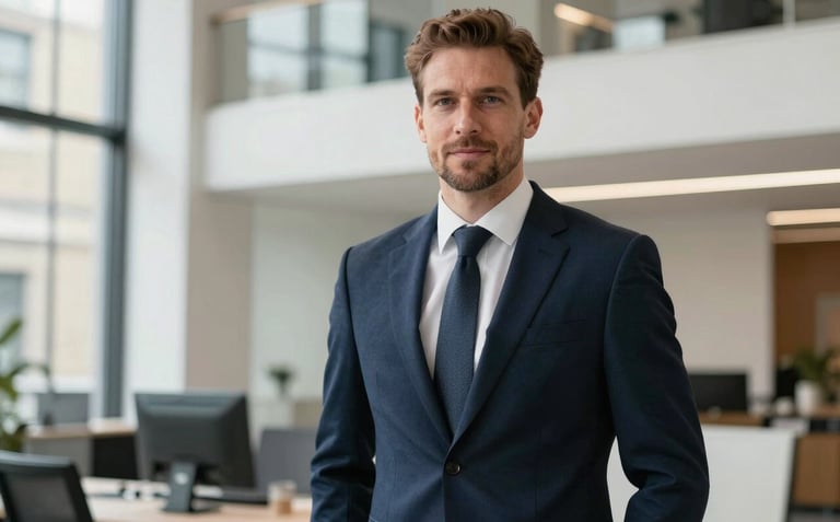 A professional Northern European / British real estate agent in a tailored suit, standing confidently in a bright, modern London office with architectural details in the background.