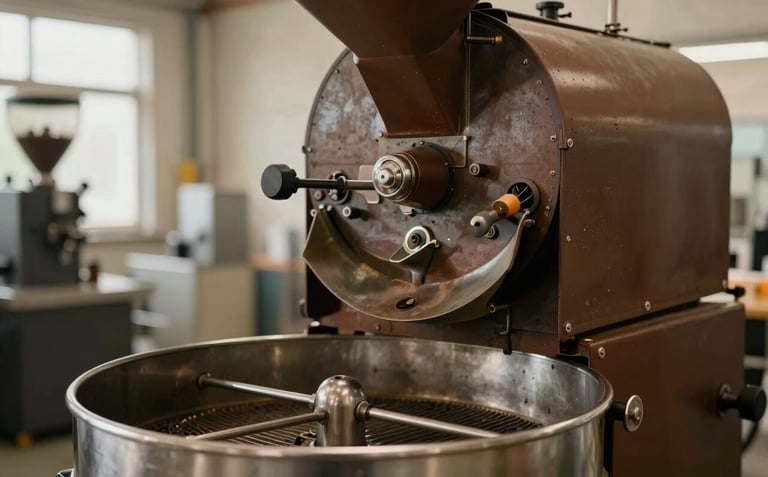 A macro shot of a sophisticated industrial coffee roaster in operation within a modern factory in China. Warm medium brown tones, stainless steel surfaces, and a professional, efficient atmosphere.
