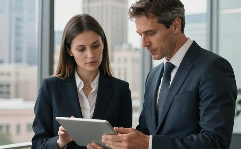 Professional business colleagues in suits reviewing data on a digital tablet in a modern office.