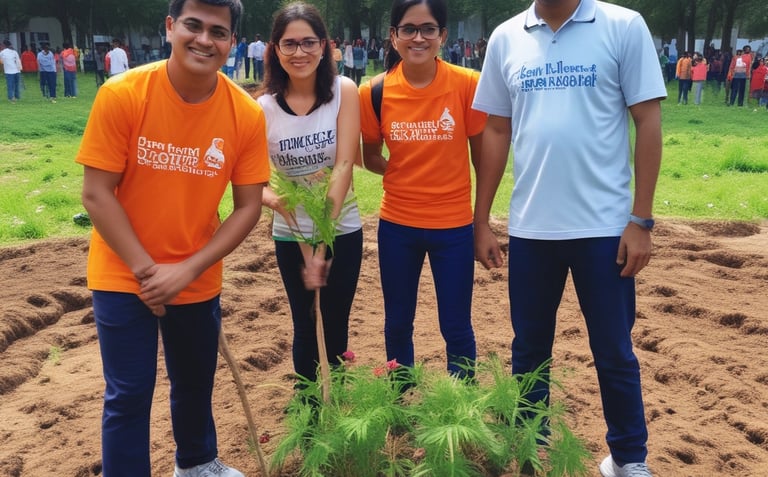 A group of diverse Indian community members collaborating outdoors in a green urban neighborhood.