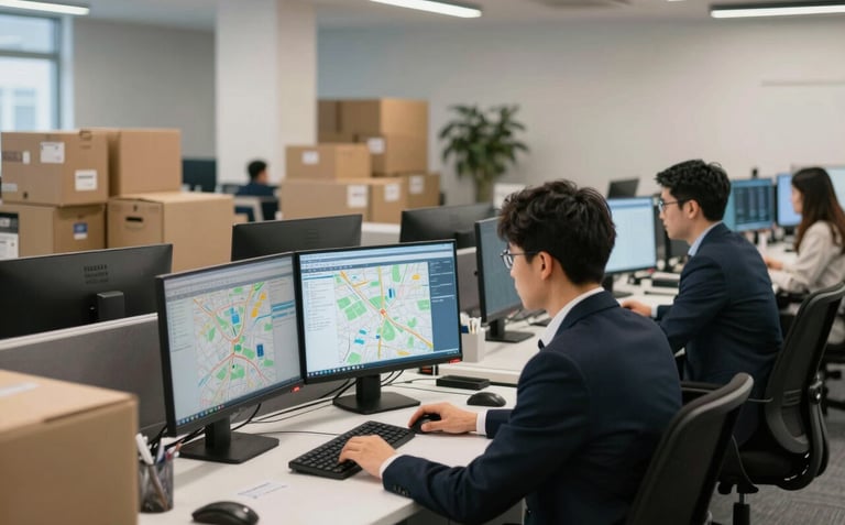 A modern North American logistics office interior. Professional logistics coordinators in business attire work at clean desks with multiple computer monitors displaying maps and shipment data.