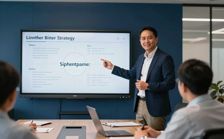 A candid shot of an Indonesian business consultant presenting a digital strategy on a screen in a bright, modern corporate boardroom with navy blue accents.