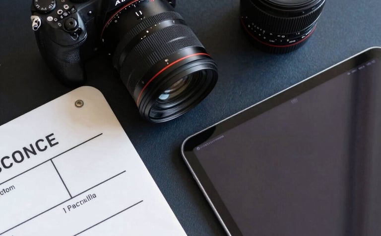 A top-down view of professional media tools: a high-end camera, a slate-colored script, and a tablet displaying a sleek digital interface. Arranged on a dark navy surface.