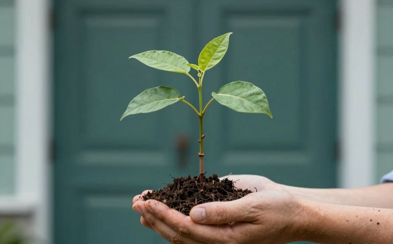 An artistic close-up of a sturdy tree sapling being carefully tended by hands, symbolizing growth and responsible stewardship. The background is a blurred, sophisticated architectural detail. The lighting is soft and dignified, using deep teals (#3D5B5F) and sage (#A2B2AE) for a professional gravitas.