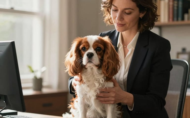 A professional photograph of a North American breeder in a refined, sunlit home office, showing heartfelt care to a healthy Cavalier King Charles Spaniel. The style is sophisticated and warm.