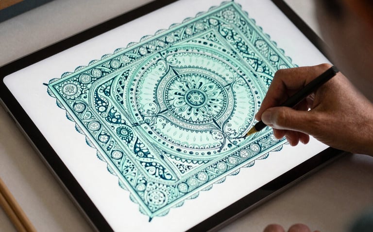 An over-the-shoulder shot of a designer in a Jaipur studio working on a large digital tablet, sketching intricate textile patterns with pale mint and dark teal color palettes.