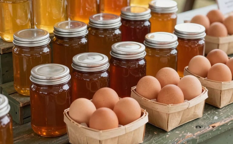 A rustic North American US market stall display featuring jars of golden honey and baskets of brown farm-fresh eggs on a weathered olive green wooden table. The atmosphere is inviting and trustworthy.