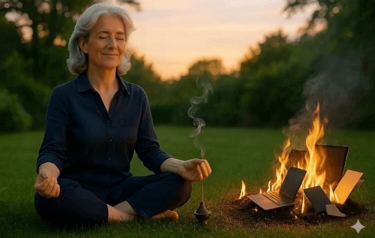 Woman meditating peacefully outdoors - laptop and devices burning on a bonfire beside her