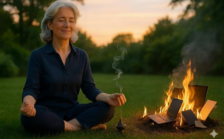 A business woman smiles as she uses a paper shredder, a symbol of mental decluttering.