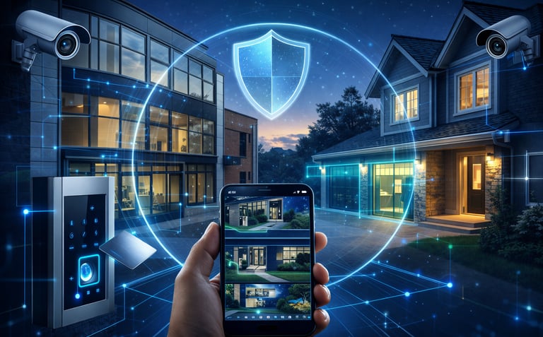 Smart security system with mobile app monitoring, outdoor cameras, and digital shield overlay.
