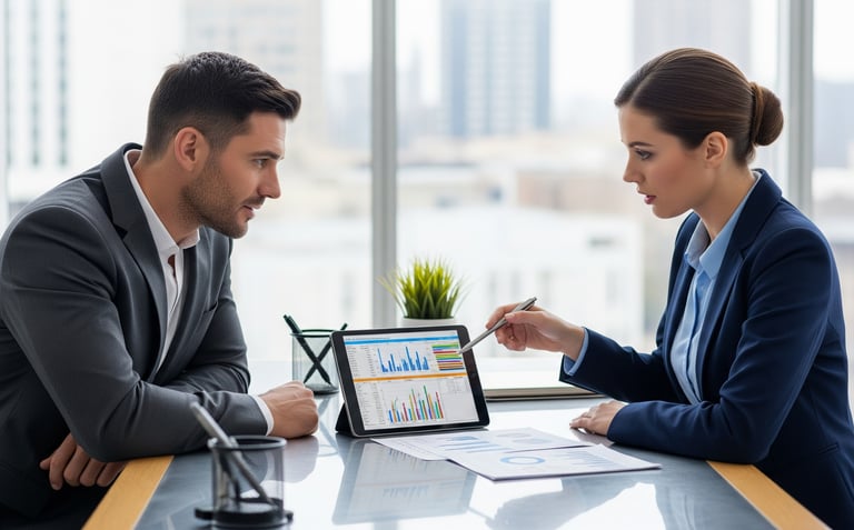 Uma empresária analisando gráficos e relatórios em uma mesa moderna de escritório, com o contador