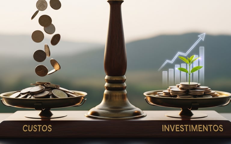 Uma balança com um lado representando custos e o outro representando investimentos