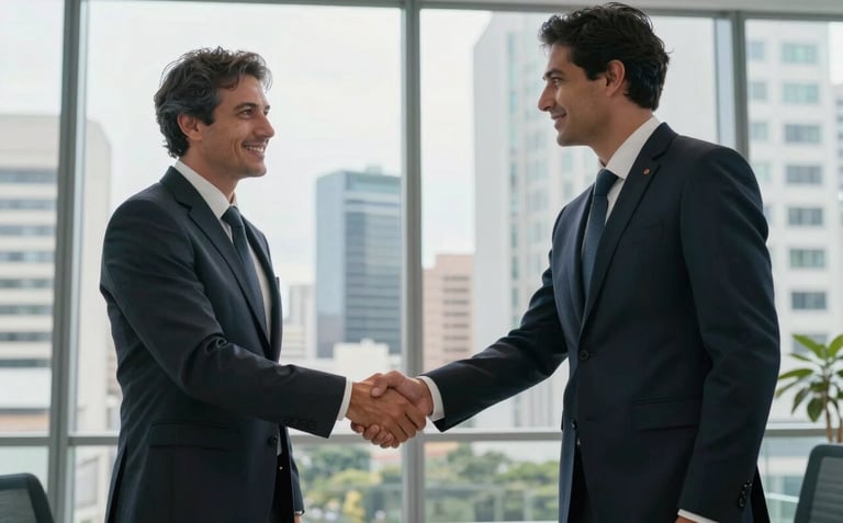 Professional photography of two business executives in dark suits shaking hands in a bright, modern office with glass walls overlooking a Brazilian business district.