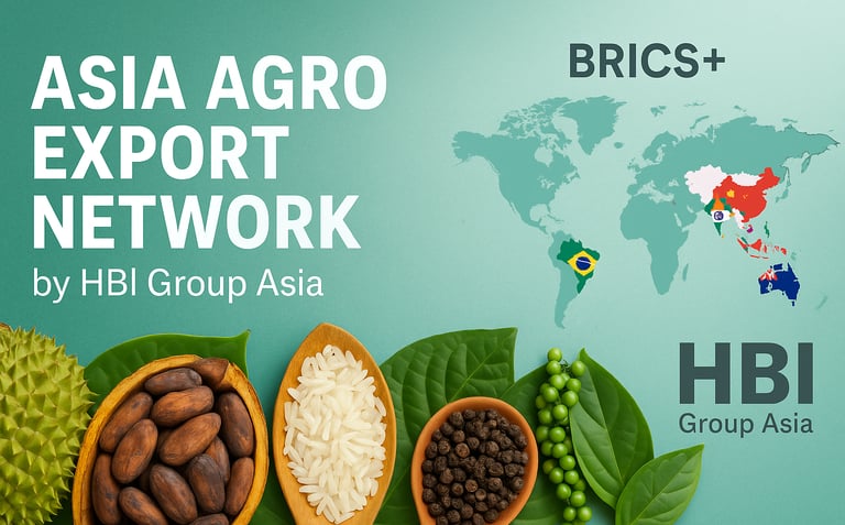 A regional map highlighting export countries in Asia including Indonesia, Pakistan, Vietnam, Thailand, and Cambodia.