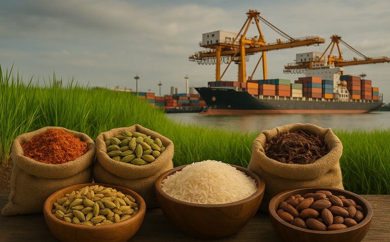 Cargo containers being loaded at an Asian port, representing global shipping and export logistics for agro raw materials.