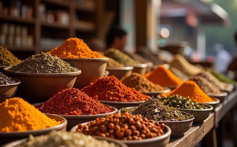 bowls of spices and spices are displayed on a table