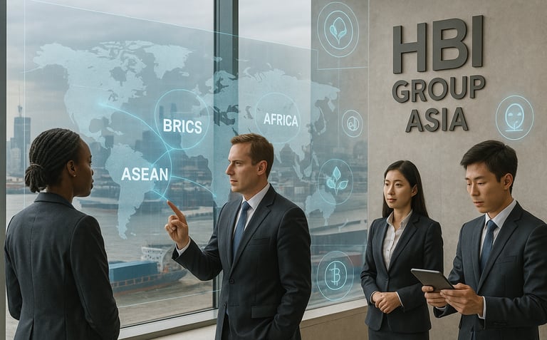 Business professionals in a modern Asian office interact with a holographic world map showing trade links between BRICS, ASEA