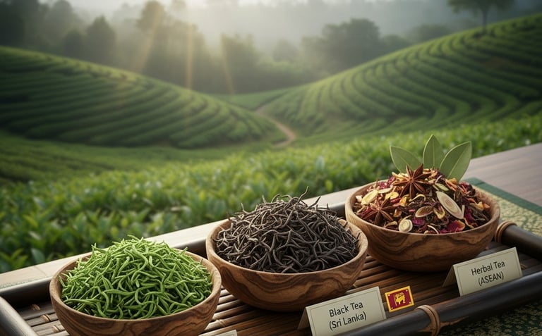 A realistic, high-resolution photograph showcasing an assortment of tea leaves from Sri Lanka and ASEAN regions.