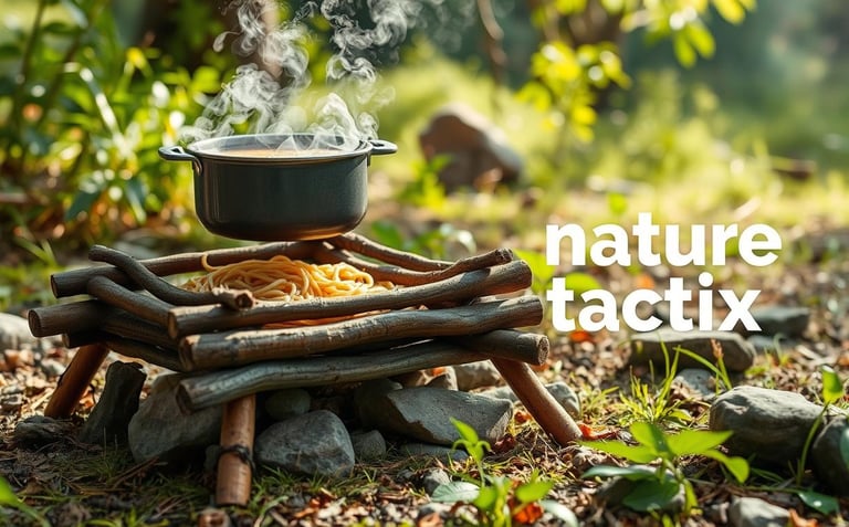 improvised ramen noodle stove in a natural outdoor setting, made from sticks and stones, with a pot 