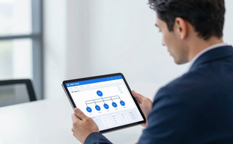 An image of a confident professional consultant looking at a tablet showing a supply chain dashboard. The office is modern and minimalist with blue and white tones matching #0F1E3D and #F5F8FC.