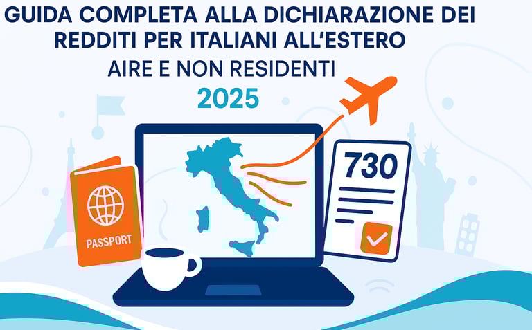 Illustrazione moderna CAF Public con scrivania ordinata, passaporto italiano e mappa per italiani all'estero