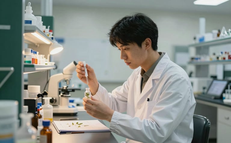A professional chemist in a bright, modern North American / US laboratory, meticulously inspecting a botanical extract under warm, cinematic lighting. The room features dark forest green equipment accents and a clean off-white mist environment.