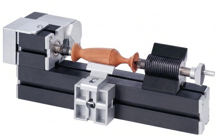Primary student shaping a wooden spinning top on a miniature lathe.