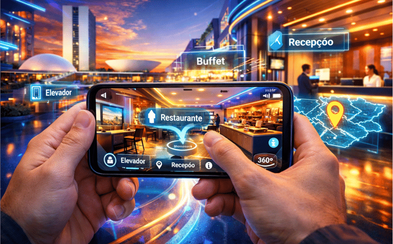 Usuário navegando por um tour virtual 360 de uma empresa no Distrito Federal pelo celular.