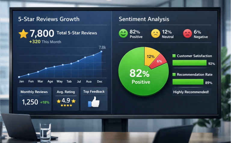 Dashboard de monitoramento de reputação online e avaliações positivas no Google.