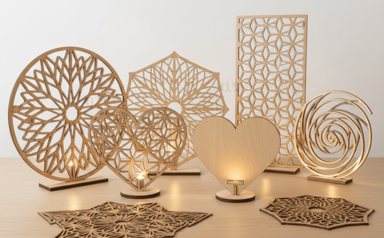 Handgemachte Holzdeko aus Buchs SG – geometrische Lichtmotive, Herzdesigns und personalisierte Holzg