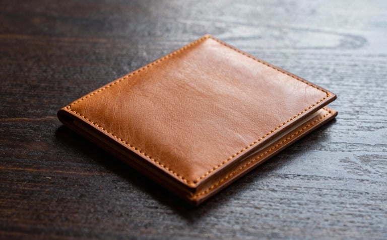 A minimalist, artistic shot of a high-quality leather bill folder on a dark wooden table in a Western European / Dutch restaurant. Soft golden lighting highlights the texture of the leather, symbolizing the verification of the dining experience.