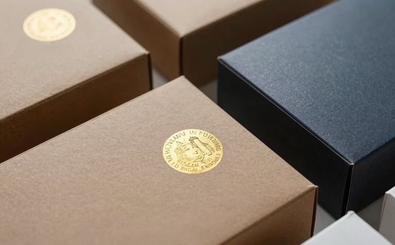Close-up photography of various value-added finishes on packaging including spot UV, gold foil stamping, and matte lamination on high-quality paperboard. Professional North American / US business aesthetic.