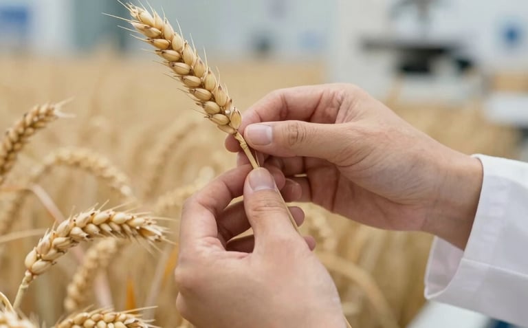 A detailed shot of a person's hands wearing professional attire, inspecting high-quality organic grain stalks in a bright, modern laboratory setting. The background shows a soft-focus North American field. Clean, bright, and trustworthy aesthetic.