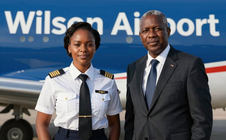 A portrait of a confident East African female pilot and a male aviation consultant standing together in front of a medium blue backdrop. They are dressed in professional aviation attire, representing the expert mentorship at Wilson Airport.