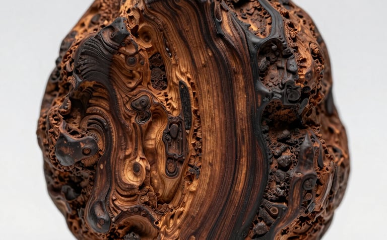 Macro studio photography of raw, heavily resinous Merauke agarwood, displaying dark intricate wood grain under warm light, luxurious natural style.