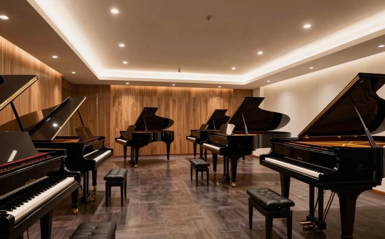 A wide-angle professional photograph of a luxurious music showroom. Grand pianos are arranged on a polished dark floor under warm oak accents and soft ivory lighting. The atmosphere is quiet, professional, and prestigious.