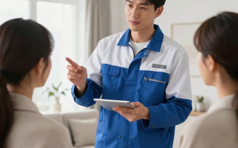 A professional technician in a clean blue and white uniform politely explaining energy saving options to a homeowner in a bright, modern French living room. Focus on trust and expertise, Central European style.