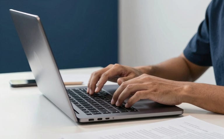 Photography of a Southeast Asian professional editor's hands working on a sleek laptop next to a stack of manuscripts in a brightly lit, minimalist office with navy blue decor.