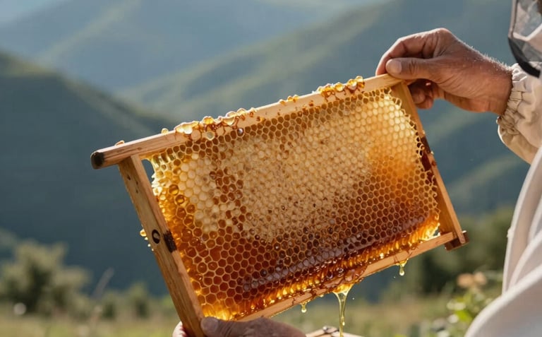 A warm, artisanal shot of an Albanian beekeeper's hands holding a honeycomb, the sun lighting up the golden amber honey, set against sage green mountains.